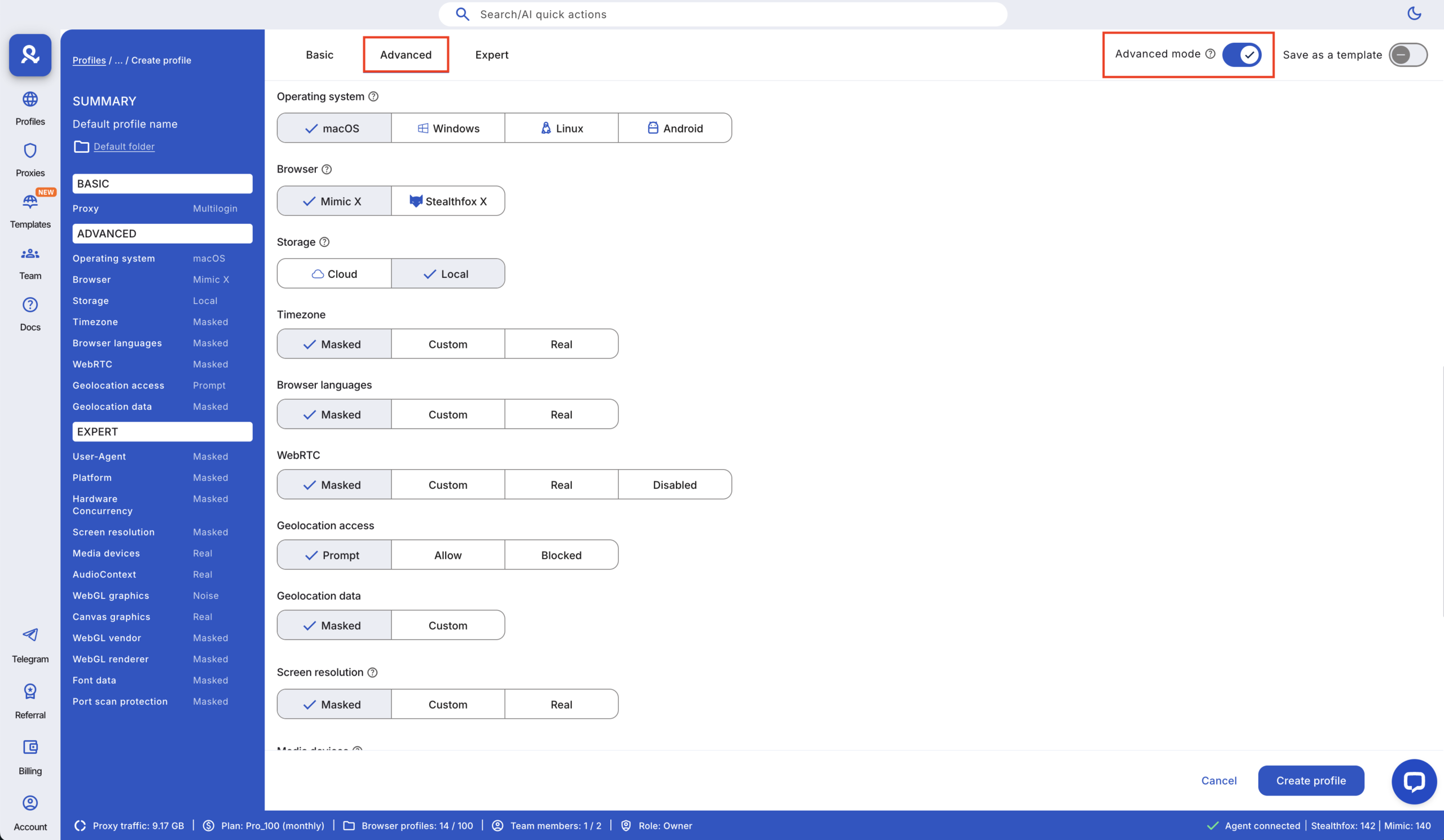 Advance profile setting in Multilogin X