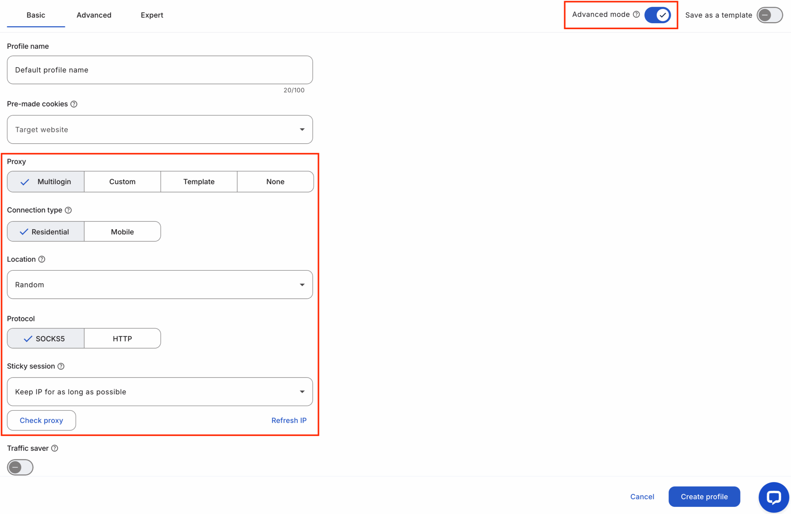 Proxy settings in Multilogin